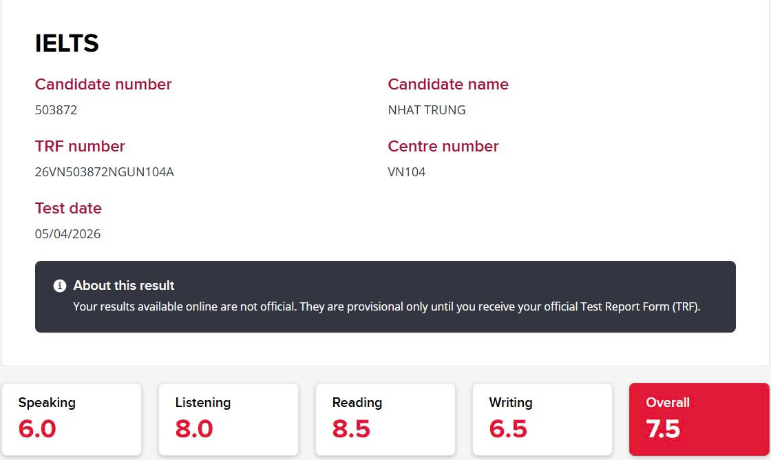 Chúc mừng Nhật Trung đạt 7.5 Ielts